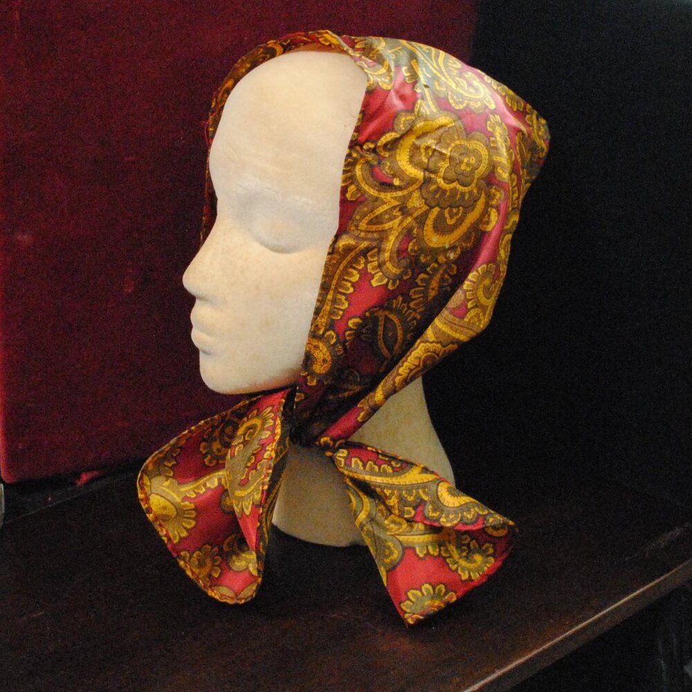 Vintage Handmade 1960s-70s Maroon, Yellow/Orange, & Brown Paisley Satin Scarf